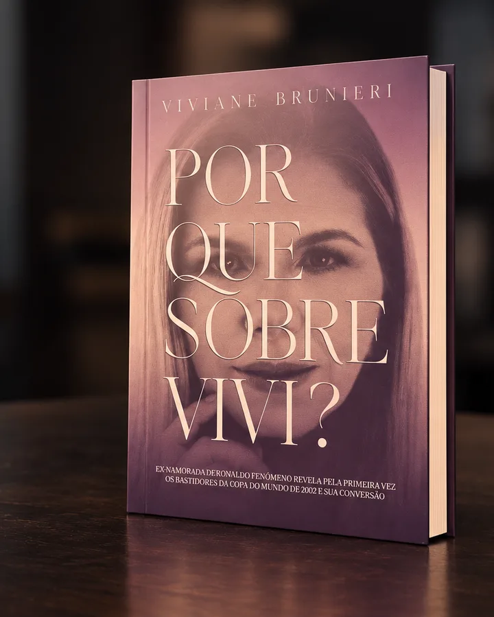 Livro Por Que Sobrevivi?, de Viviane Brunieri, em pé sobre uma mesa de madeira escura.